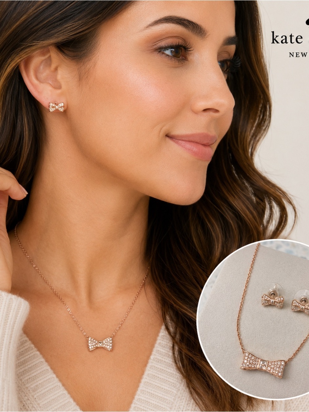 Kate Spade New York Rose Gold Crystal Bow Necklace & Stud Earrings Set